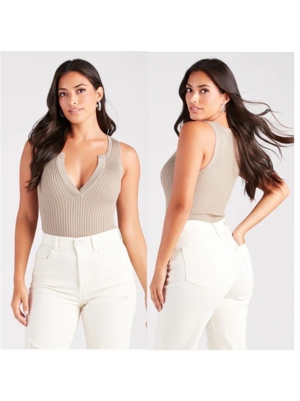 NEW Womens Down A Notch Sweater Knit Bodysuit in Taupe